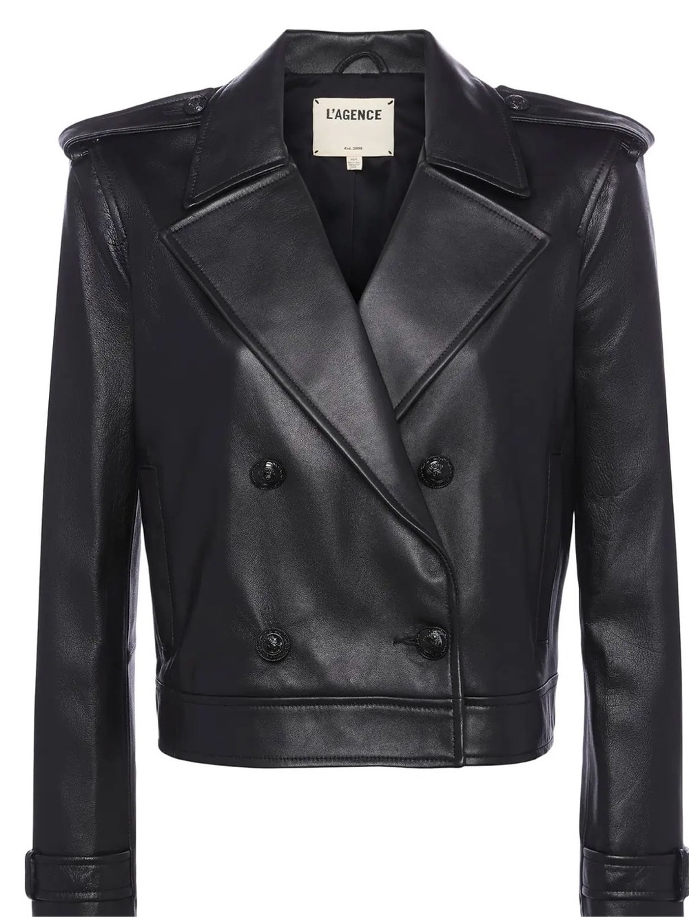 L'AGENCE Cropped Black Double-Breasted Leather Jacket